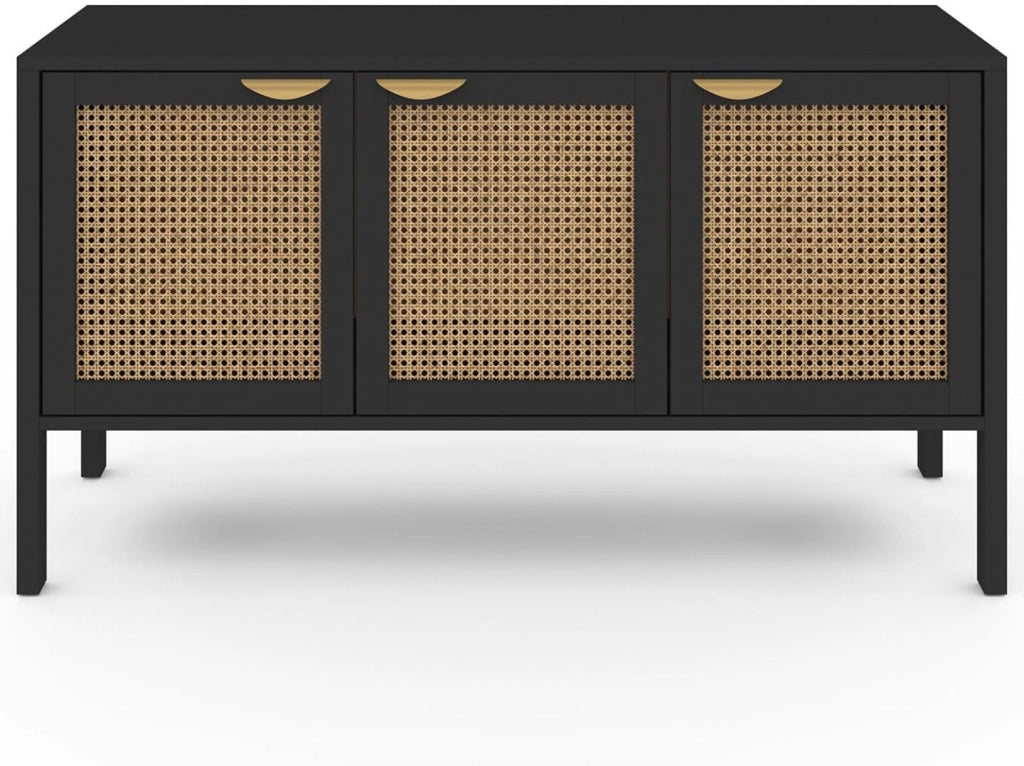 EDHEN 110 cm Credenza bassa a 3 ante in legno nero e canna da zucchero