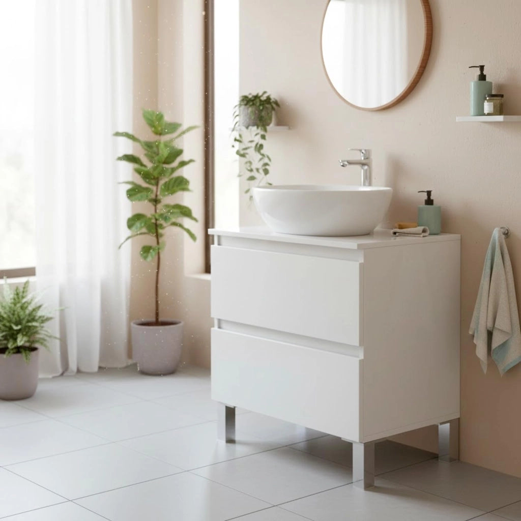 Mobile Bagno Con Lavabo Da Appoggio Due Cassetti Salvaspazio Guide In Metallo E Gambe In Alluminio Stile Moderno Minimal Per Lavanderia E Ripostiglio 63.5 x 60 x 40 Cm Bianco Lucido