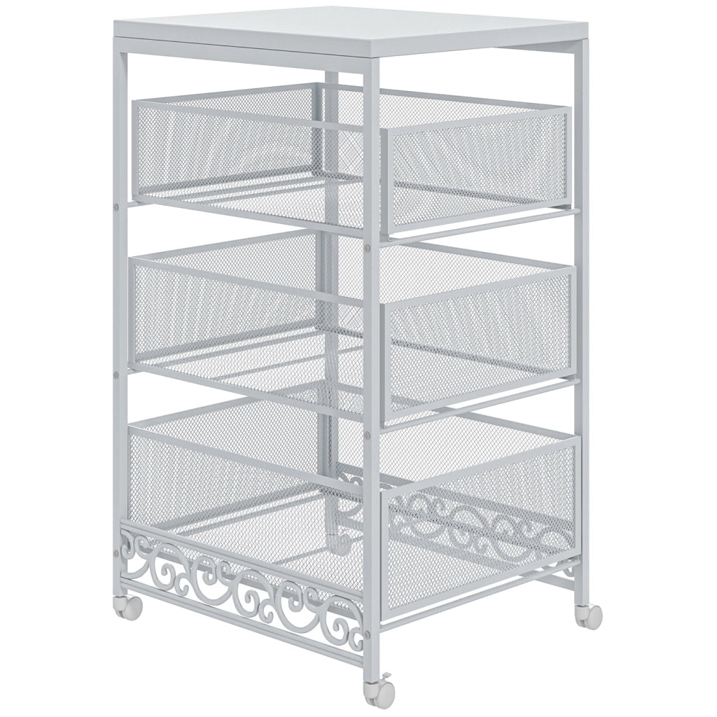 Carrello Portautensili 3 Livelli con Cestini ¨C zephmum ¨C Bianco 34x29,5x57,5cm