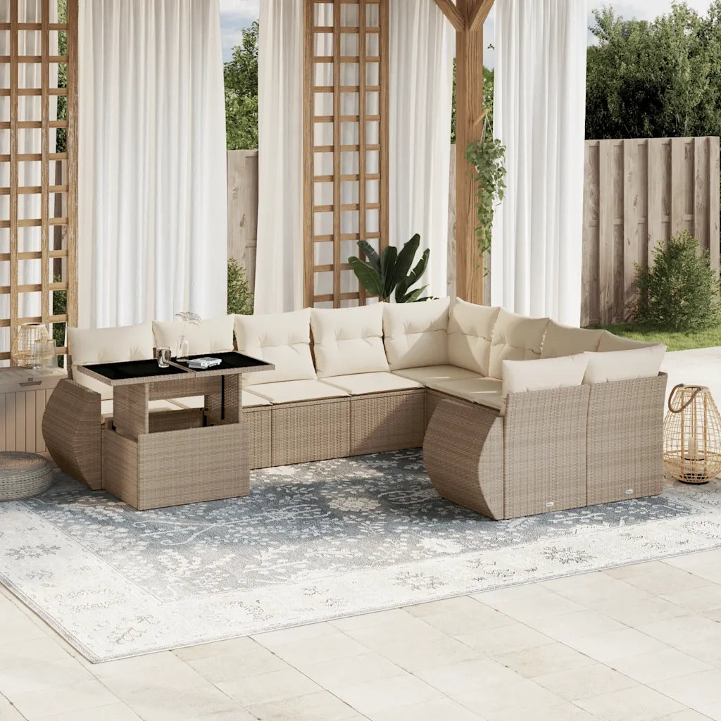 Set Divano da Giardino 10 pz con Cuscini Beige in Polyrattan