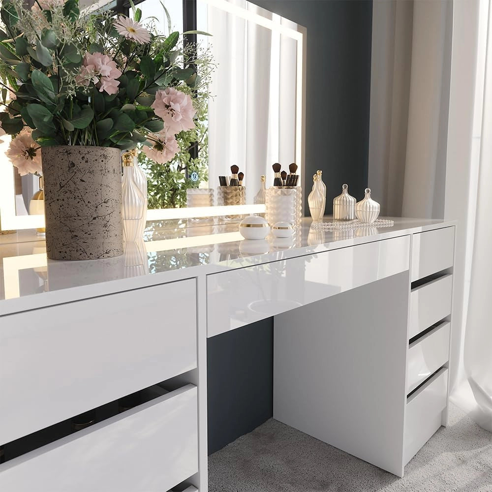 Tavolo da toeletta Sherry, Bianco/bianco lucido, 158.2 cm con specchio LED