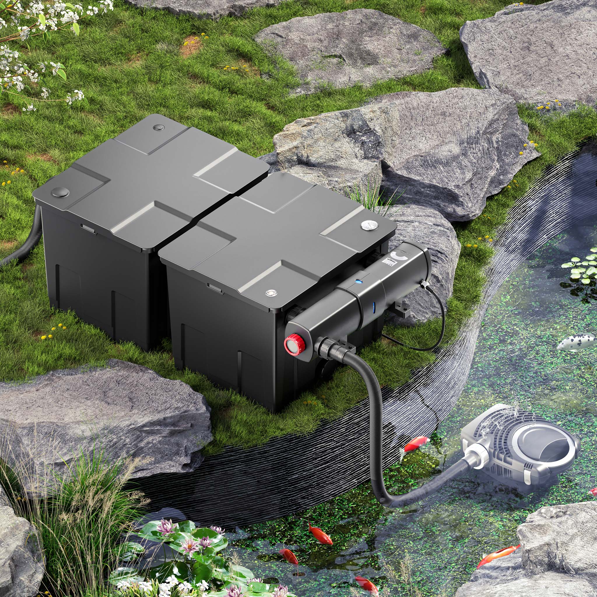 Set per laghetti fino a 60000l Filtro Chiarificatore UVC 36W Pompa 80W Tubo 25m