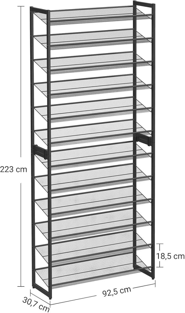 SONGMICS Set di 2 Scarpiere Impilabili a 6 Livelli, Scaffale Portascarpe a 12 Ripiani, Organizzatore per 48-60 Paia di Scarpe, Ripiani a Rete in Metallo, Regolabili in Piano o ad Angolo, Nero LMR12B