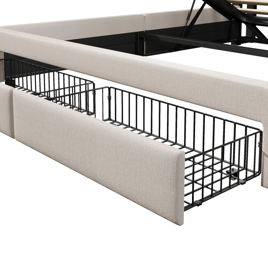 Letto imbottito 140x200 cm con contenitore, LED, USB e USB-C in lino beige HAVRYA
