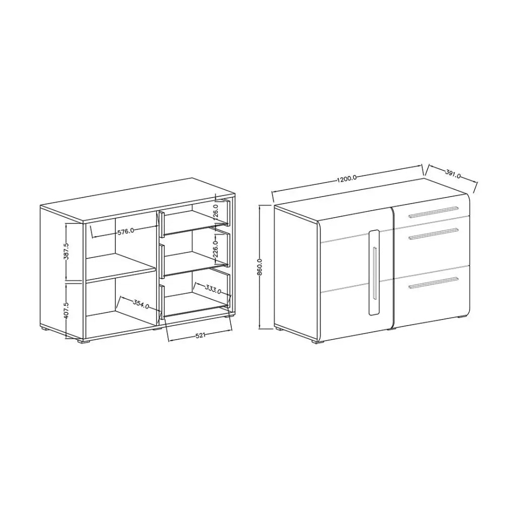Buffet design 120cm. Collezione BREDA con una porta e tre cassetti. Colore rovere.