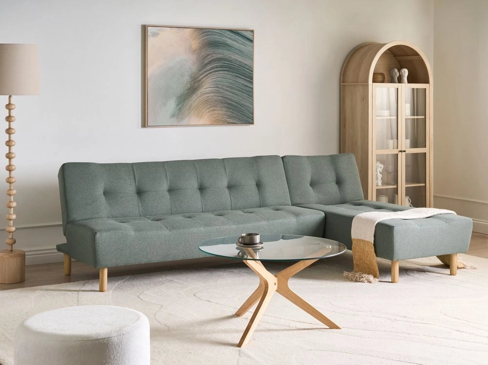 Divano ad Angolo Rivestimento in Tessuto Beige Gambe in Legno Chiaro Chaise Longue versione sinistra 4 Posti