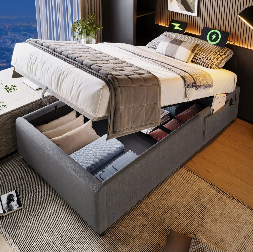Letto contenitore 90x200 cm senza testiera con USB e USB-C in cotone e lino grigio