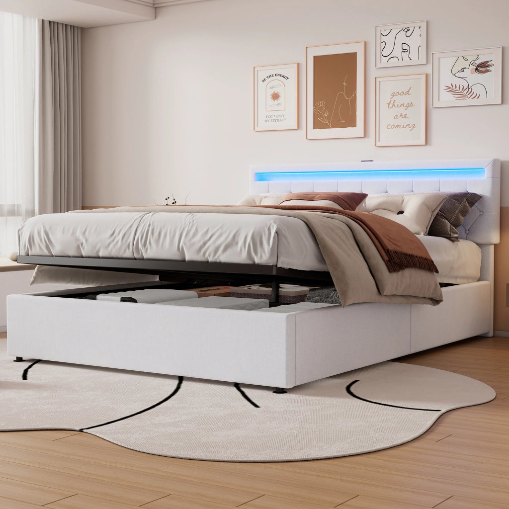 Letto imbottito 160 × 200 cm con contenitore, led, usb e usb-c, senza materasso, bianco