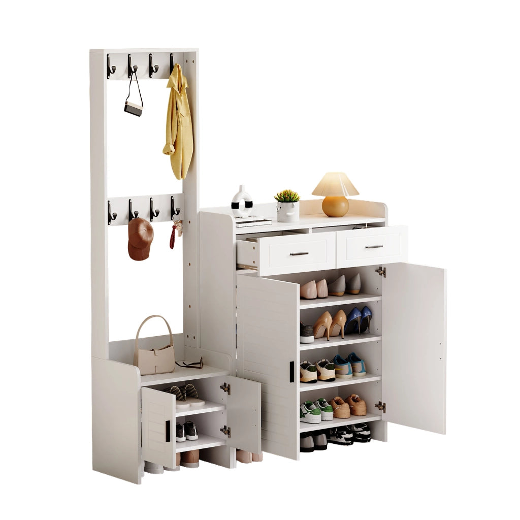 Mobile ingresso bianco 125 x 36 x 165 cm con 2 cassetti, 2 ante, 6 ripiani e 8 ganci
