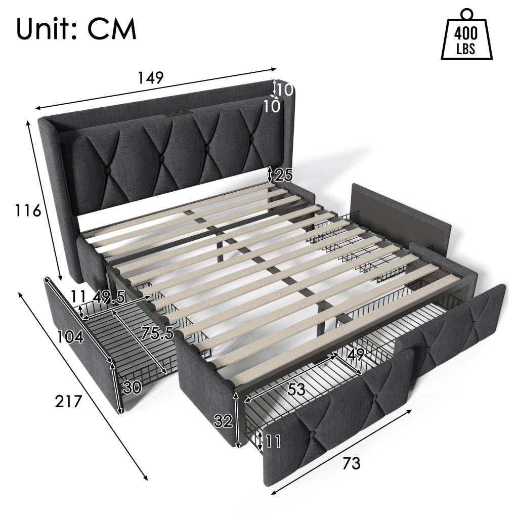 OKWISH Letto con Cassetti 140×200 cm, Letto Matrimoniale con 4 Cassetti, Prese e USB, senza Materasso, in Tessuto Lino, Grigio