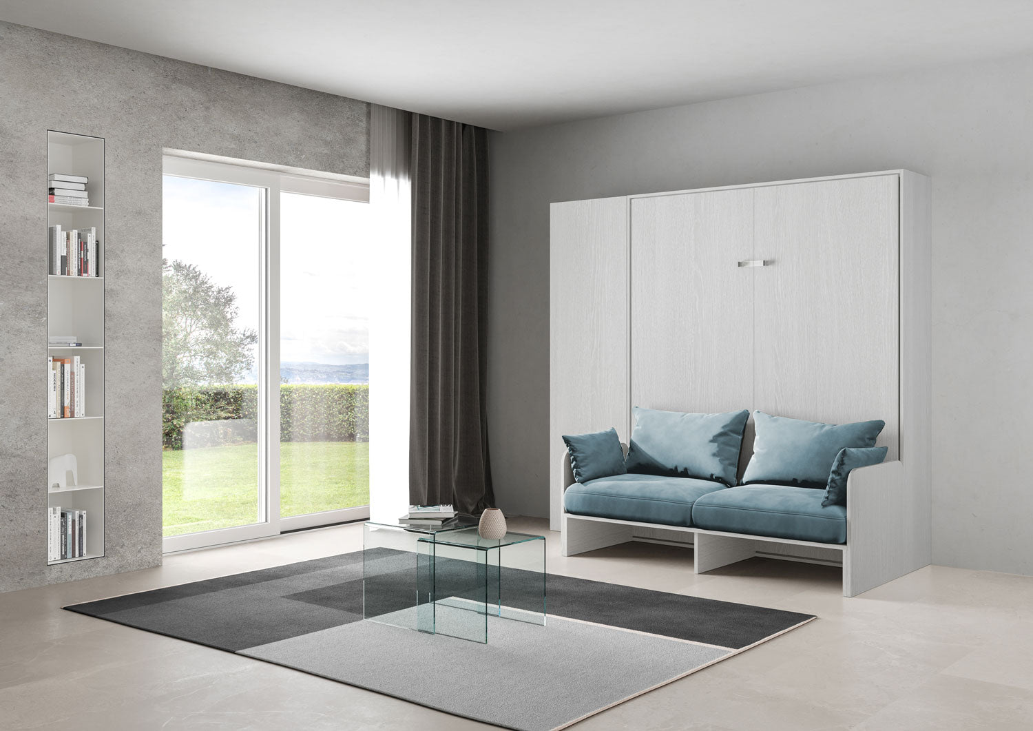 Letto Matrimoniale A Scomparsa 160 Kentaro Con Divano E Colonna Bianco Frassino e Azzurro