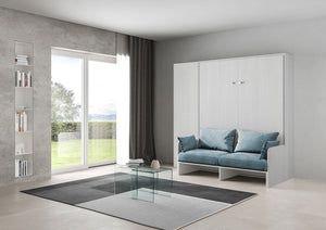 Letto Matrimoniale A Scomparsa 160 Kentaro Con Divano E Colonna Bianco Frassino e Azzurro