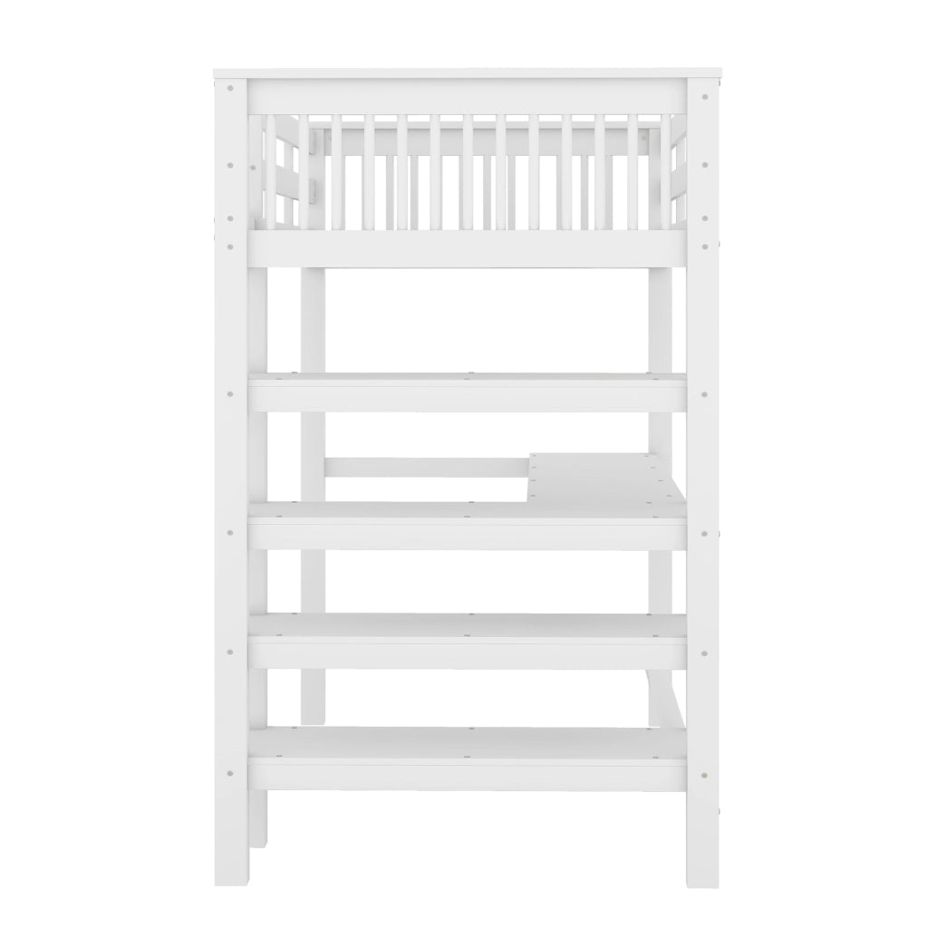 Letto a castello bianco in pino con scrivania sottostante e ripiani 90x200 cm