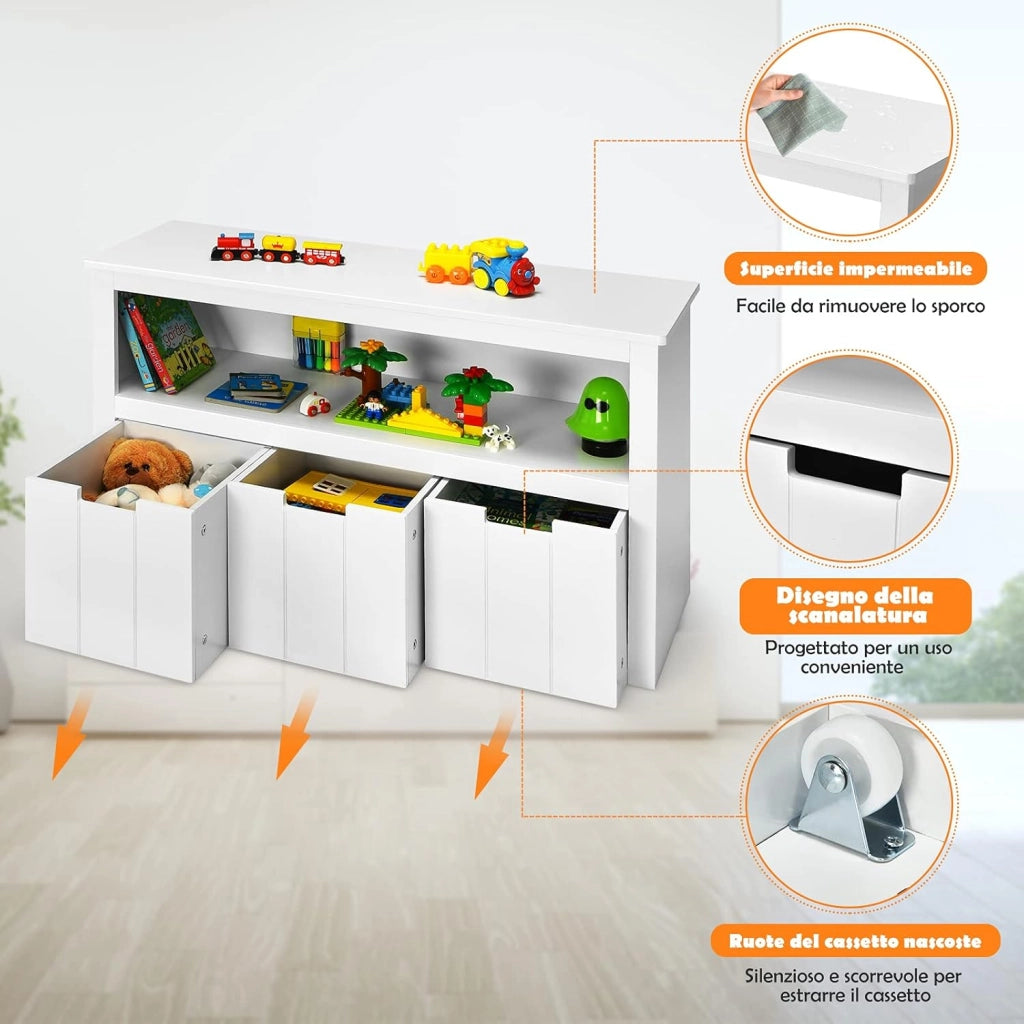 Armadio con 3 Cassetti, Scaffale di Legno con Ruote e Cubi per Giocattoli dei Bambini, Ampio Spazio, Organizer Durevole per Salone Camera da letto Camera dei bambini