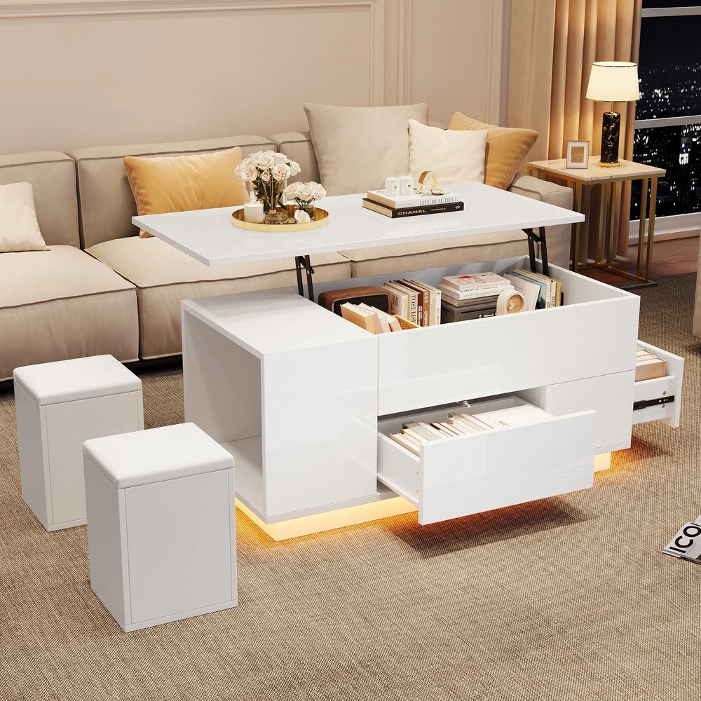 Tavolino da Caff¨¨ 4 in 1 con LED e Cassetti ¨C MINIMAL ¨C Bianco Lucido / 100x50x45