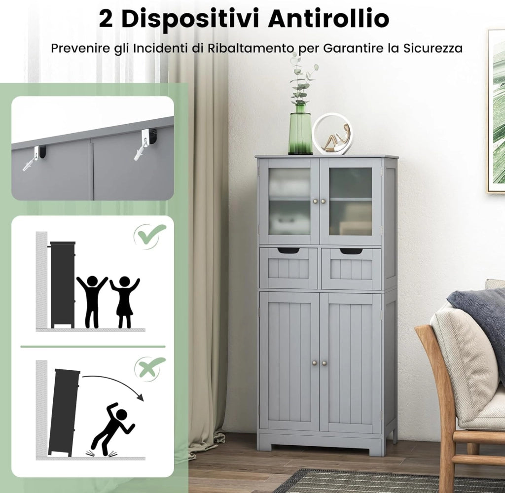 Armadio da Terra con 4 Ante, Mobile da Bagno con 2 Ante in Vetro 2 Cassetti e Ripiani Regolabili, Armadio Multifunzionale per Bagno e Soggiorno (Grigio, 60x30x128cm)