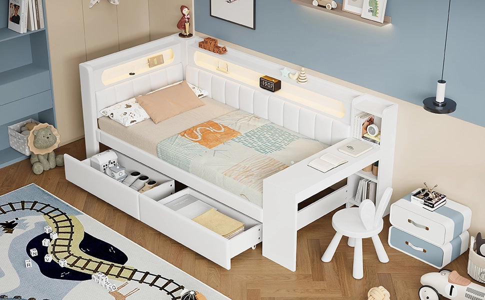 DESMIU Lit banquette 90 × 200 cm 1 place avec bureau, 2 tiroirs, LED et USB, sans matelas, blanc