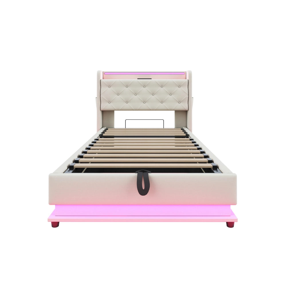 Letto imbottito 90x200 cm; testiera apribile e luci LED; lino beige