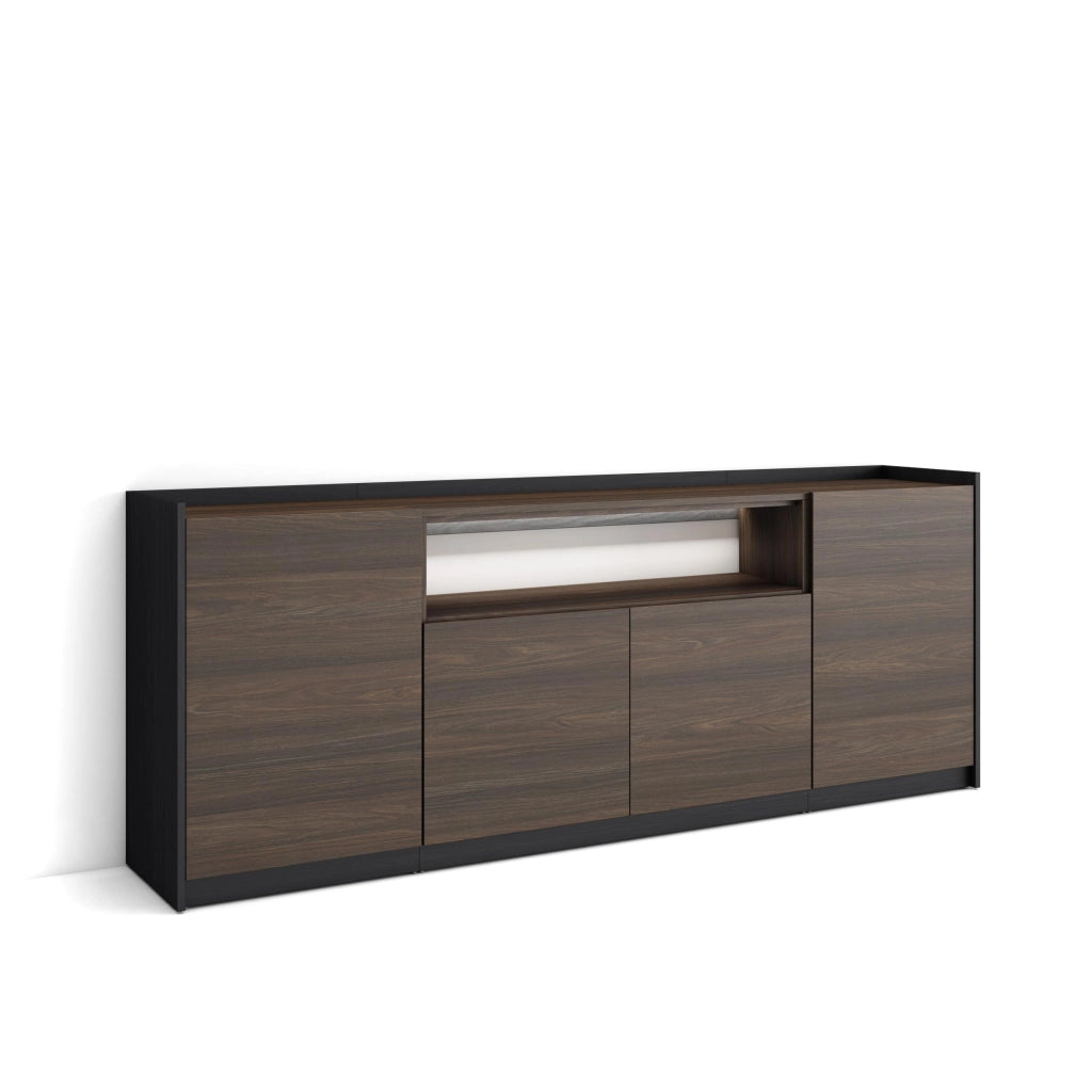 Credenza, Mobile, Cucina, 207x80x37 cm, 4 Porte, LED, Rovere scuro e Nero