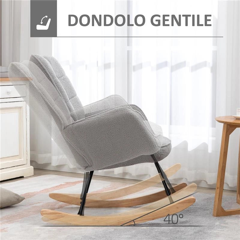 POLTRONA A DONDOLO IMBOTTITA IN LEGNO E ACCIAIO CON RIVESTIMENTO BOUCLÚ 71X98X101 CM GRIGIO