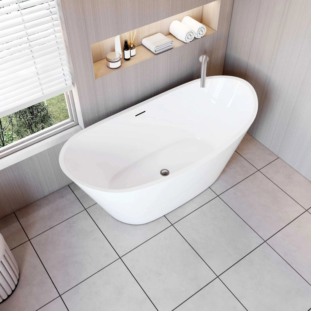 Vasca da Bagno a Isola Freestanding in Acrilico da 150x72x65 cm, Colore Bianco, Forma di Barca Ovale