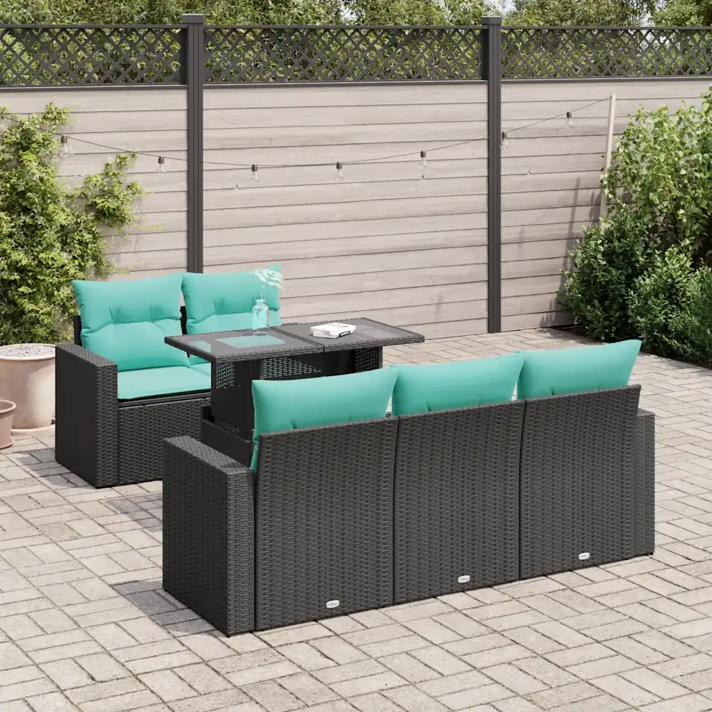 Set Divano da Giardino 6 pz con Cuscini Nero Polyrattan Acacia