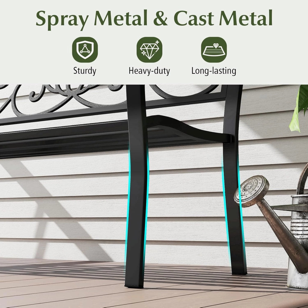 Panchina da Giardino, Panca da Esterno, Panca da Giardino in Metallo, con Schienale Decorato e Braccioli Curvi, per 2-3 Persone, Design a Doghe, per Parco, Cortile, Balcone, Nero