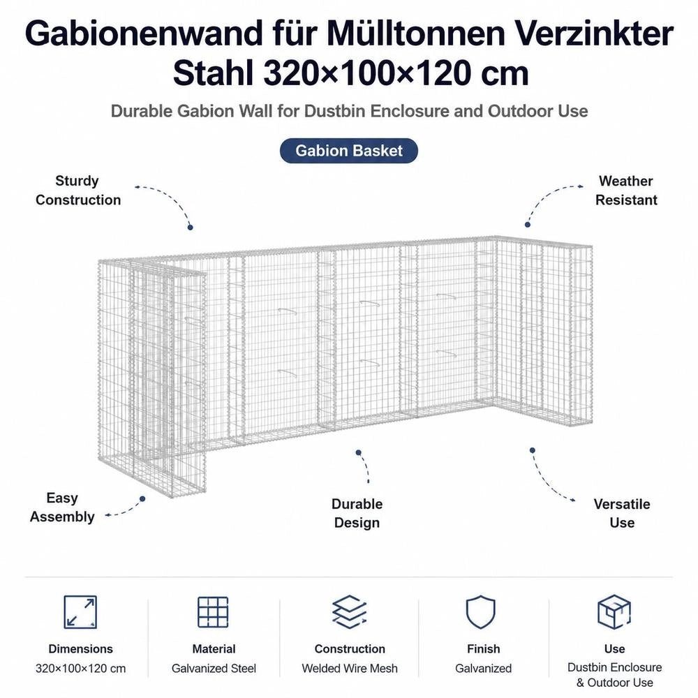 Gabion Wall For Garbage Cans, Galvanized Steel, 320x100x120 Cm
