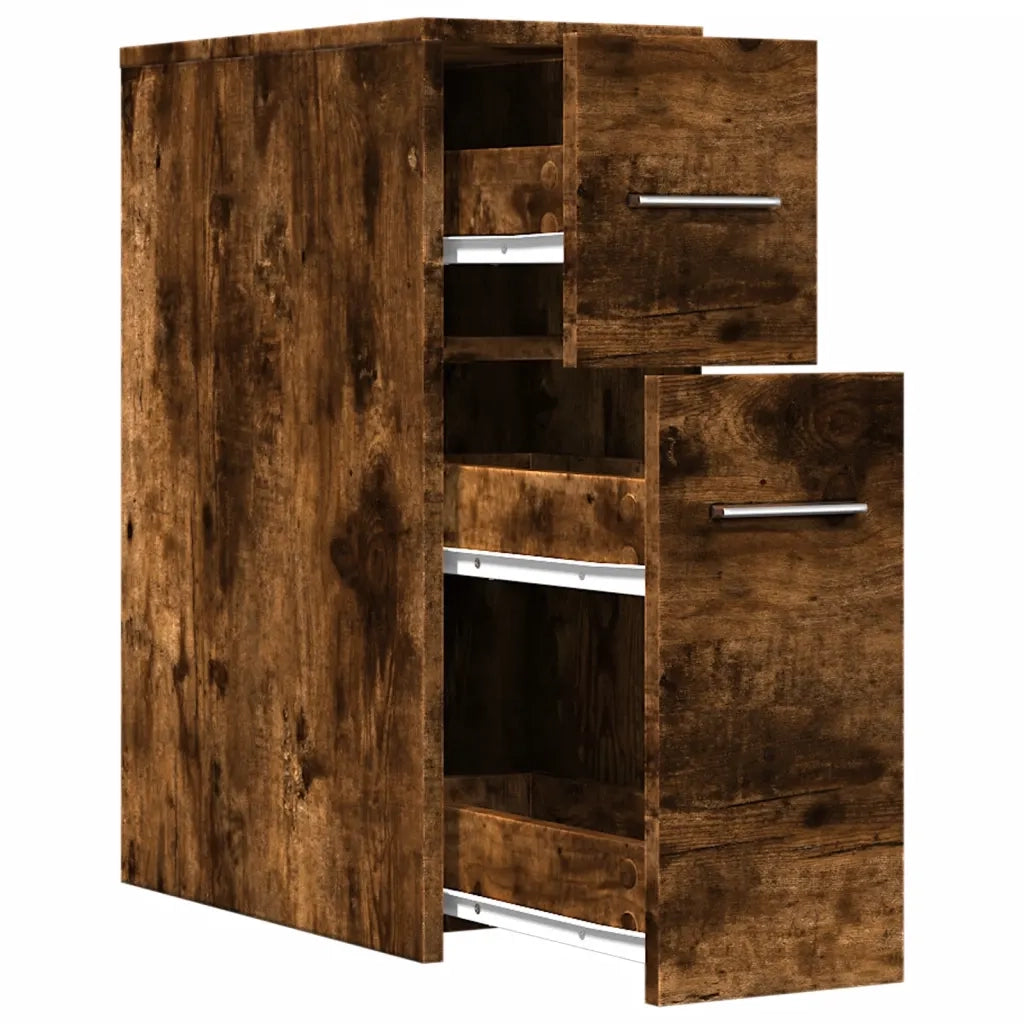 Mobiletto da bagno stretto con ruote contenitore 22 x 44 x 61,5 cm atmosfera accogliente legno composito finitura rovere affumicato 02_0050650
