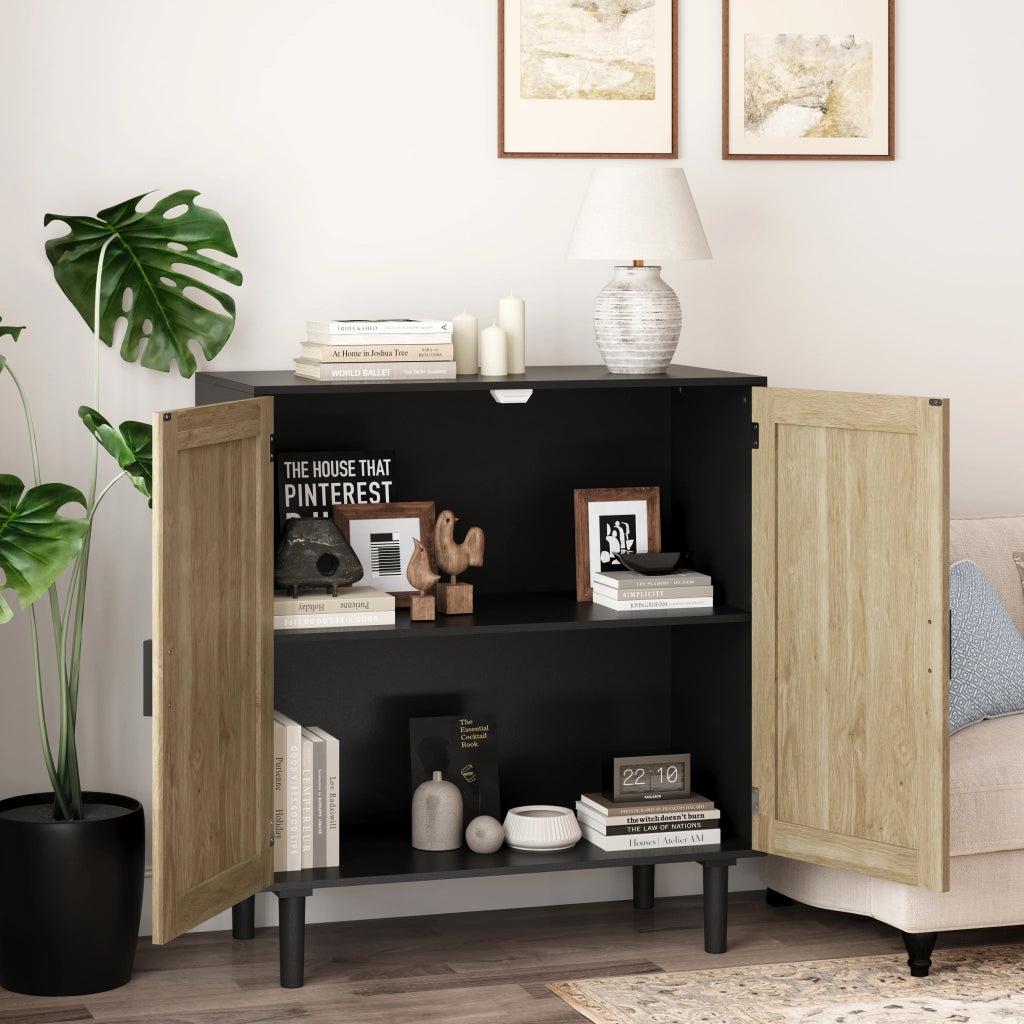 Credenza a 2 ante con chiusura magnetica e 2 vani aperti per soggiorno sala da pranzo e ingresso nero 80 × 40 × 88 cm