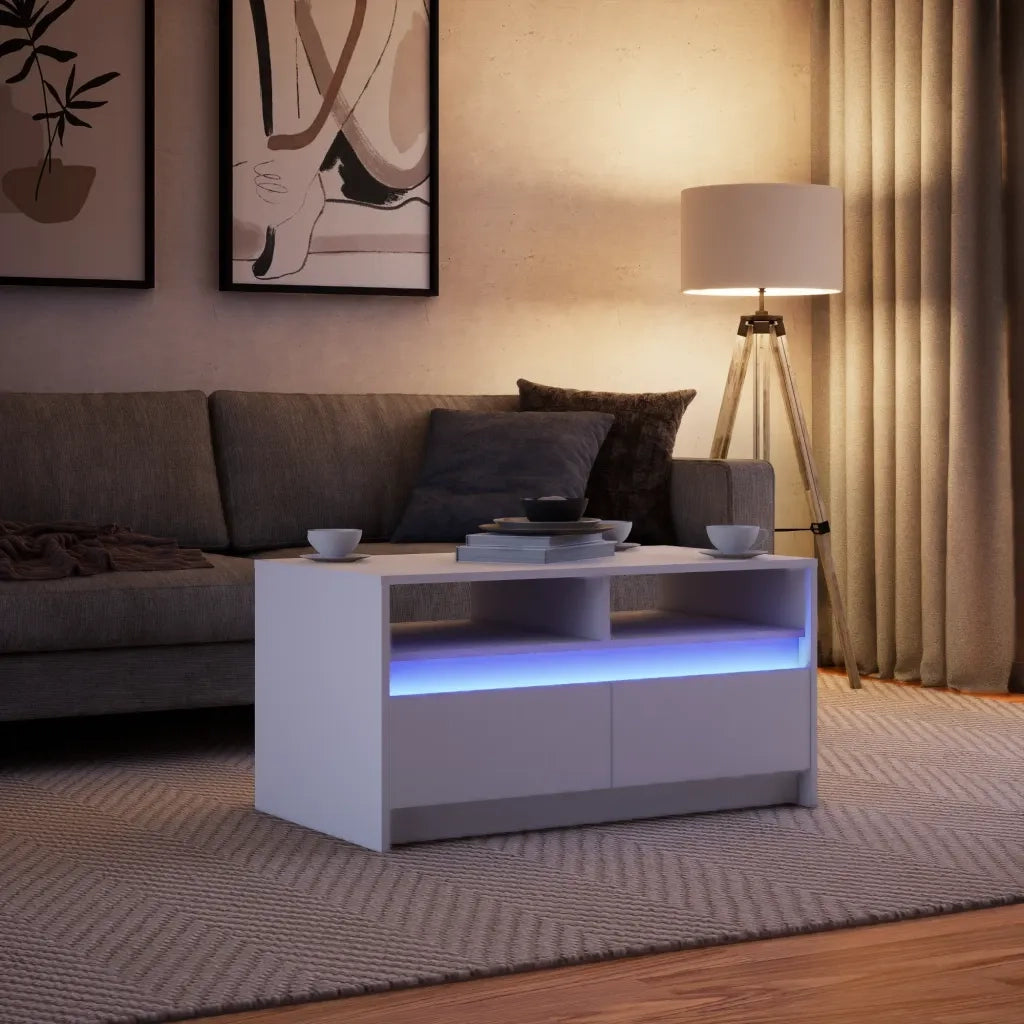 Tavolino da Salotto con Luci LED Bianco in Truciolato 851991