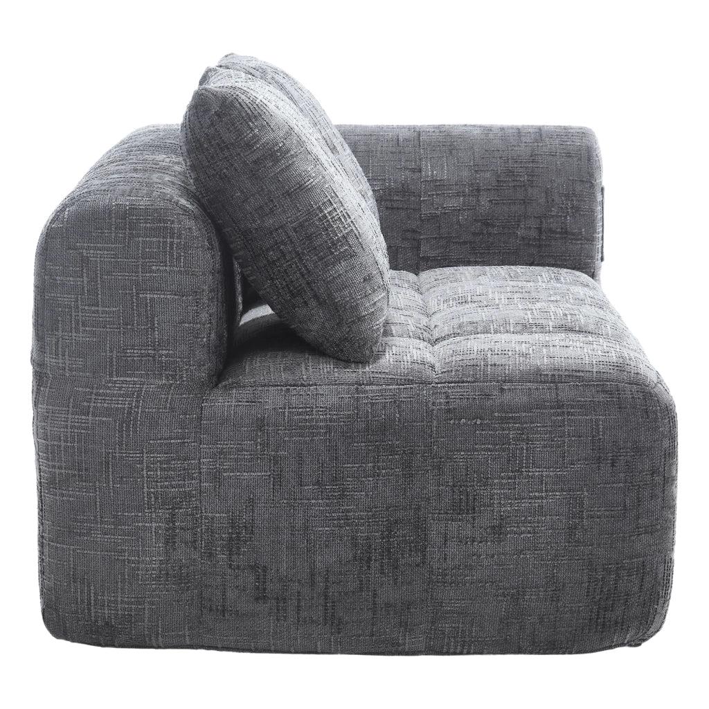 Divano moderno con chaise longue, tessuto Chenille grigio, cuscino e tasche laterali, 158x90x60 cm
