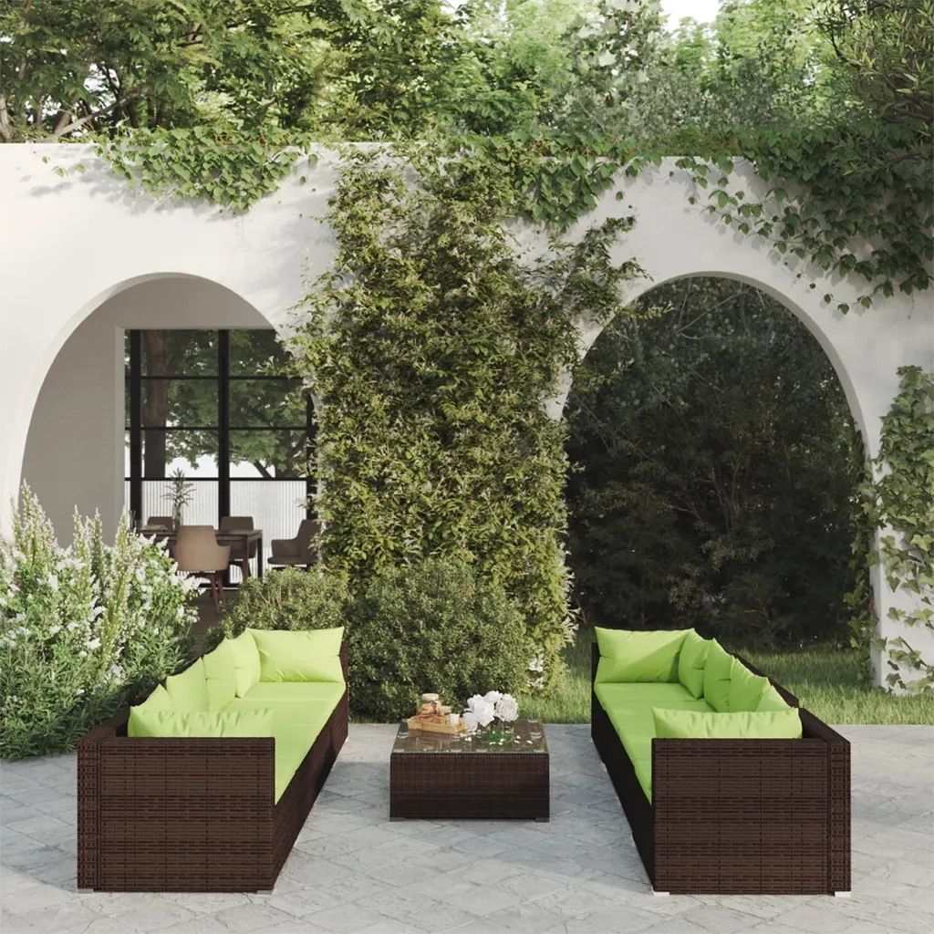Set Divani da Giardino 9 pz con Cuscini in Polyrattan Marrone cod mxl 38867
