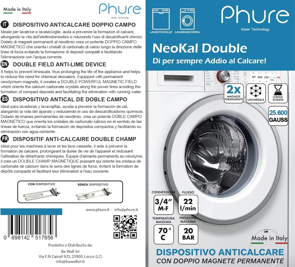 PHURE Neokal Double Doppio Campo Magnetico 25.600 Gauss Dispositivo Anticalcare Antibatterico Universale Per Lavatrice E Lavastoviglie Grosso Carico 3/4