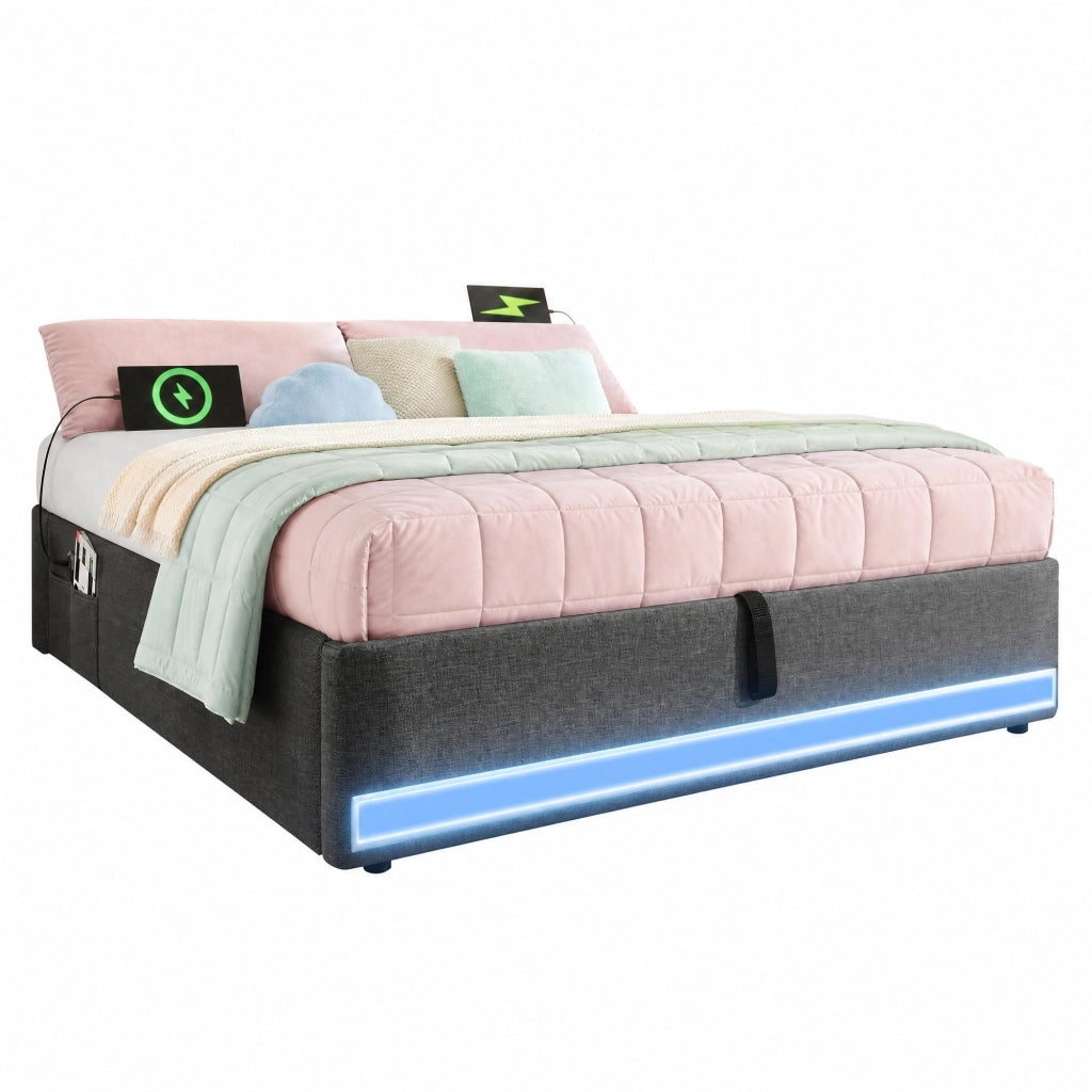 Letto imbottito 140x200 cm con LED, USB/Type-C e contenitore