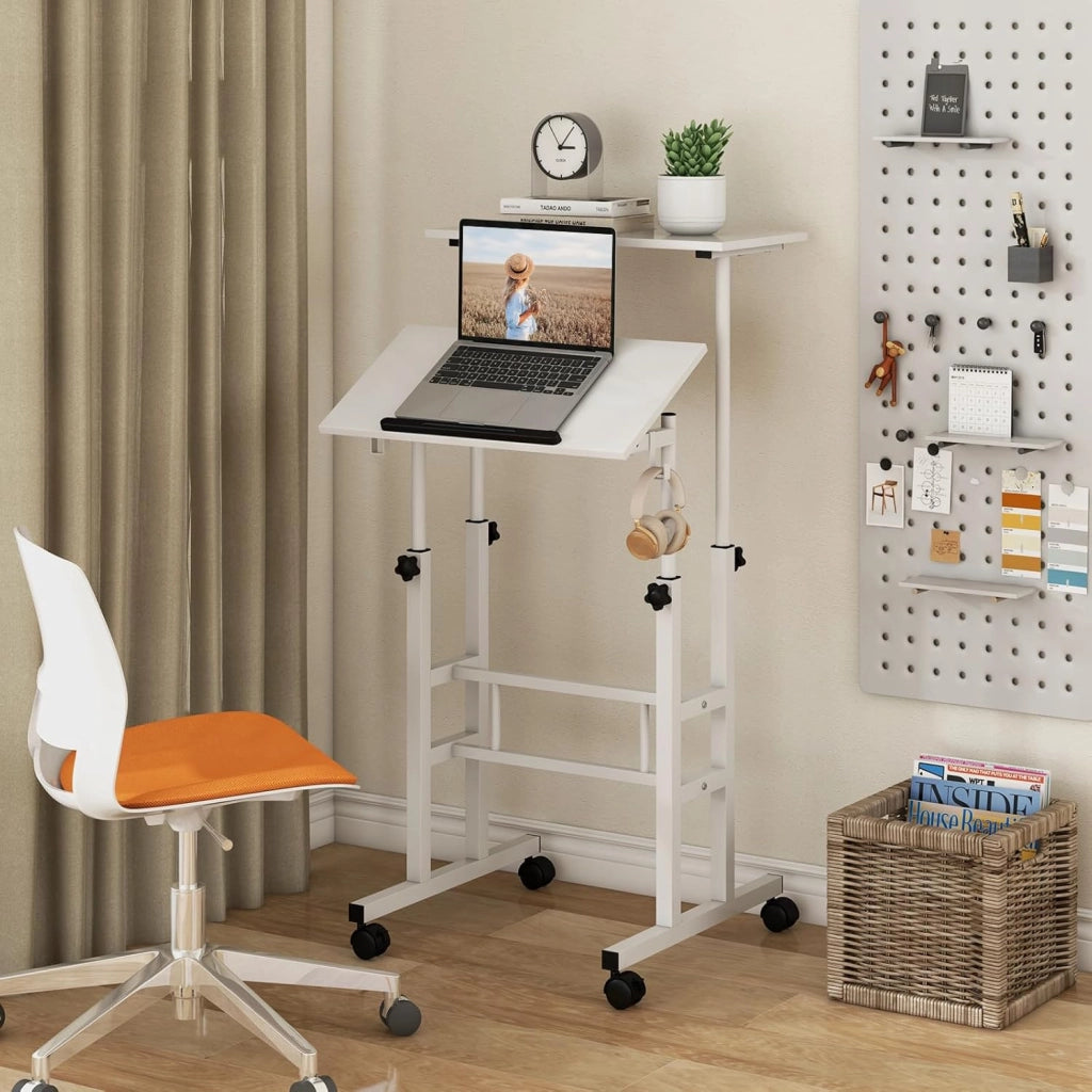 Scrivania per Computer Regolabile in Altezza, Scrivania Salvaspazio con Ruote e Ganci, Tavolo Porta PC per Studio e Ufficio, 60 x 60 x 72-124 cm (Bianco)