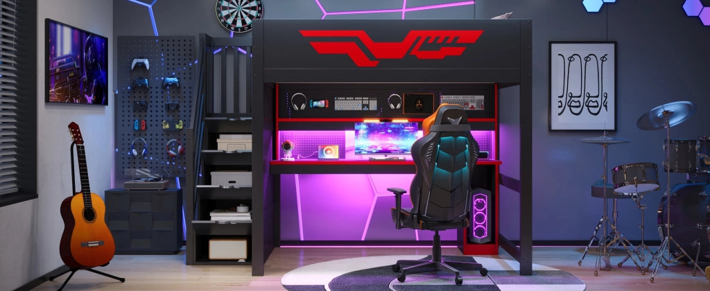 Letto a soppalco da gaming 140x200 nero e rosso con scrivania integrata e scale contenitore