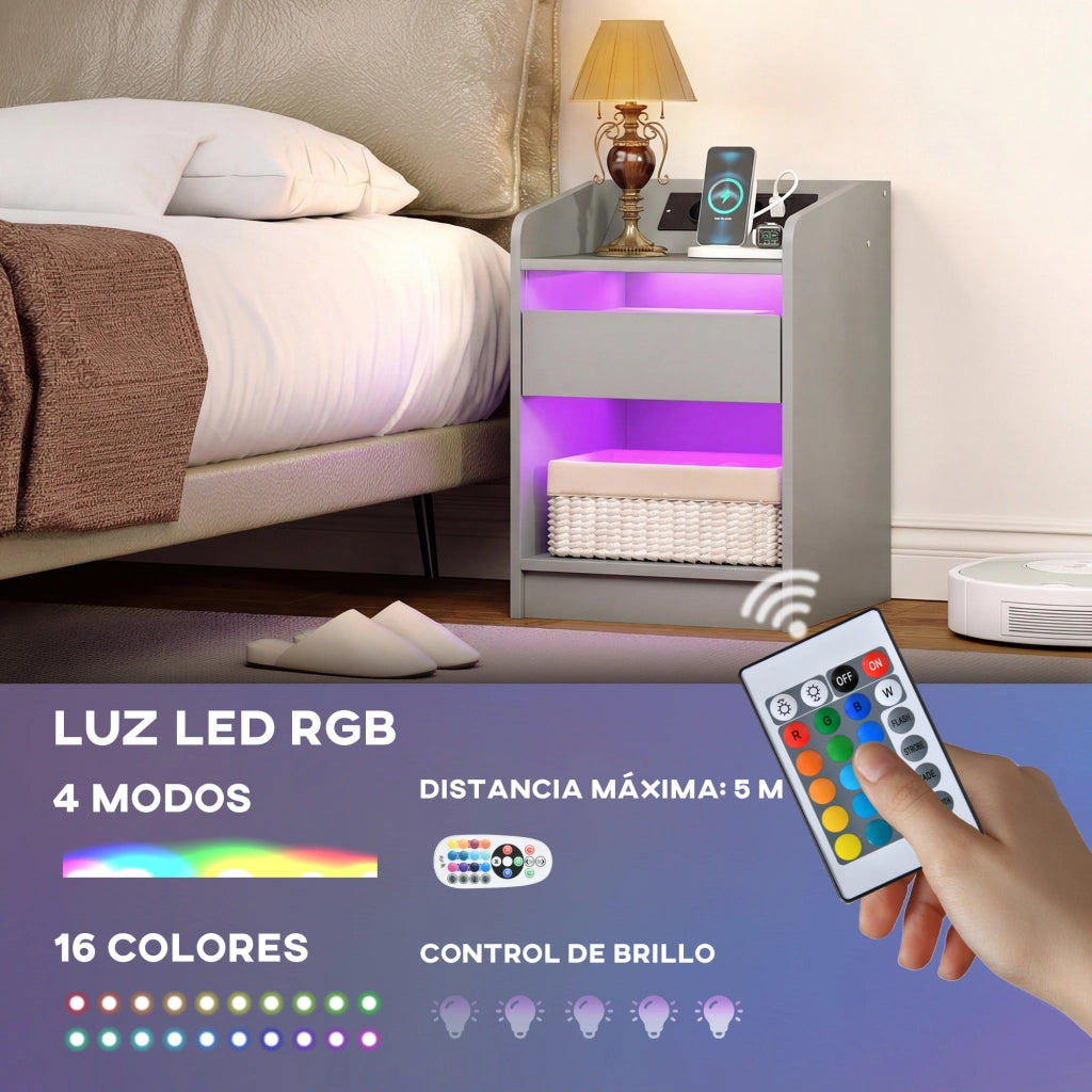 Comodino con illuminazione LED RGB e stazione di ricarica USB ¨C Xylo ¨C grigio 40x40x58 cm