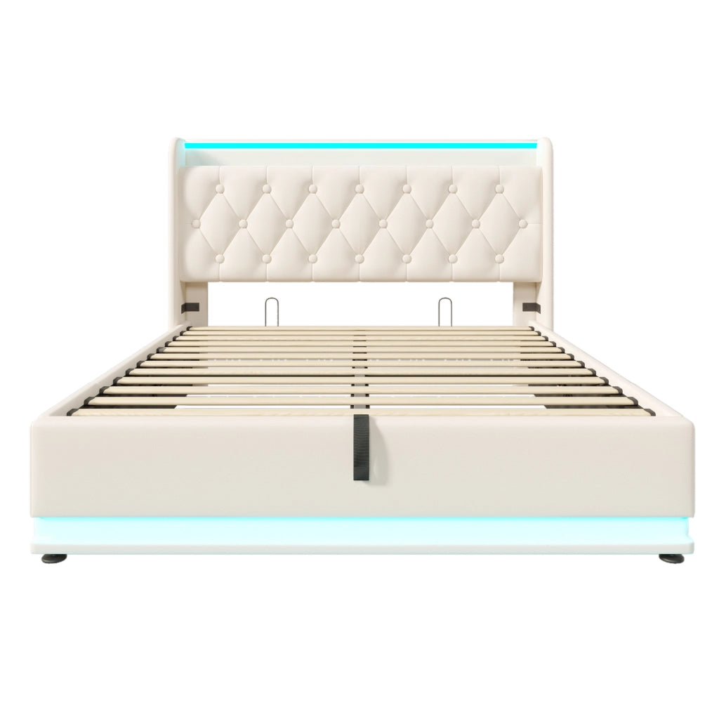 Letti contenitori 140x190 cm; LED e USB; PU; bianco (Senza materasso)