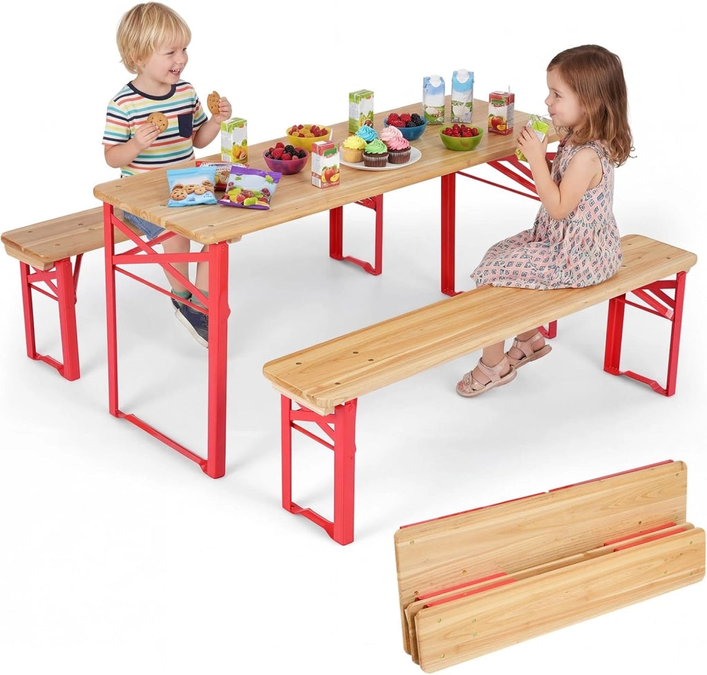 Set da Esterno 3 Pezzi per 4 Bambini, Tavolo da Picnic con 2 Panche in Legno Pieghevole, Robusta Struttura in Metallo, Facile da Riporre, Set da Giardino per Bambini 3-8 Anni per Patio