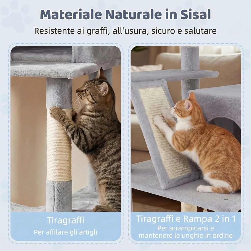 Albero per Gatti Alto 158 cm, Albero Tiragraffi con Trespolo di Peluche, Grotta, Amaca, Tiragraffi in Sisal, Rampa, Corda Appesa e Pallina Pendenti, Centro Attività per Gattini (Grigio Chiaro)