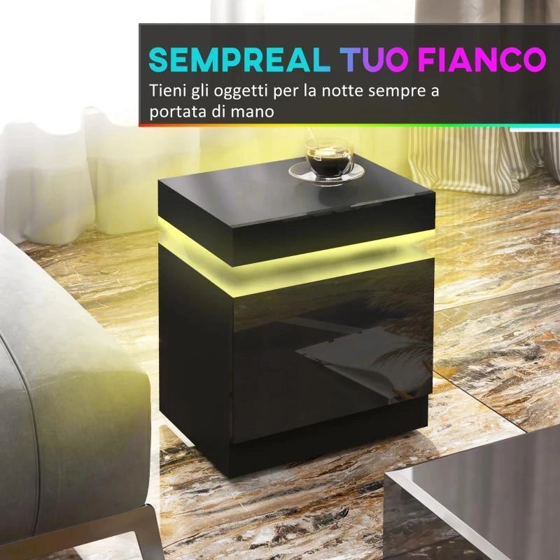 COMODINO LED A 16 COLORI E 4 MODALITÀ CON 2 CASSETTI, IN LEGNO, 45X35X52 CM, NERO