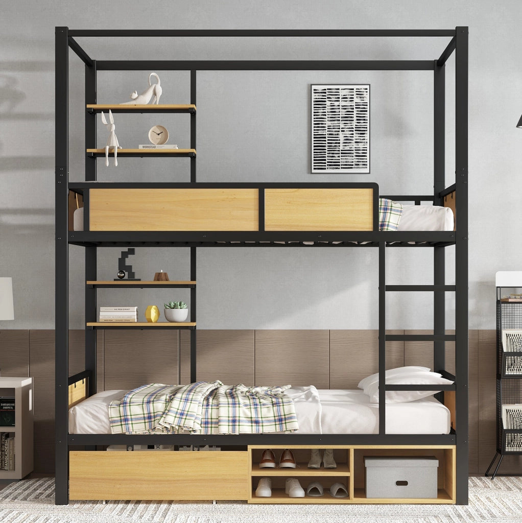 Letto a castello 90x200 cm con ripiani e cassetti; metallo e MDF; nero/naturale