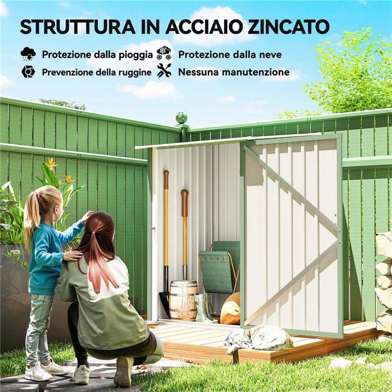 CASETTA DA GIARDINO PORTA ATTREZZI IN ACCIAIO GALVANIZZATO CON PORTA, 100X104X160 CM, VERDE CHIARO