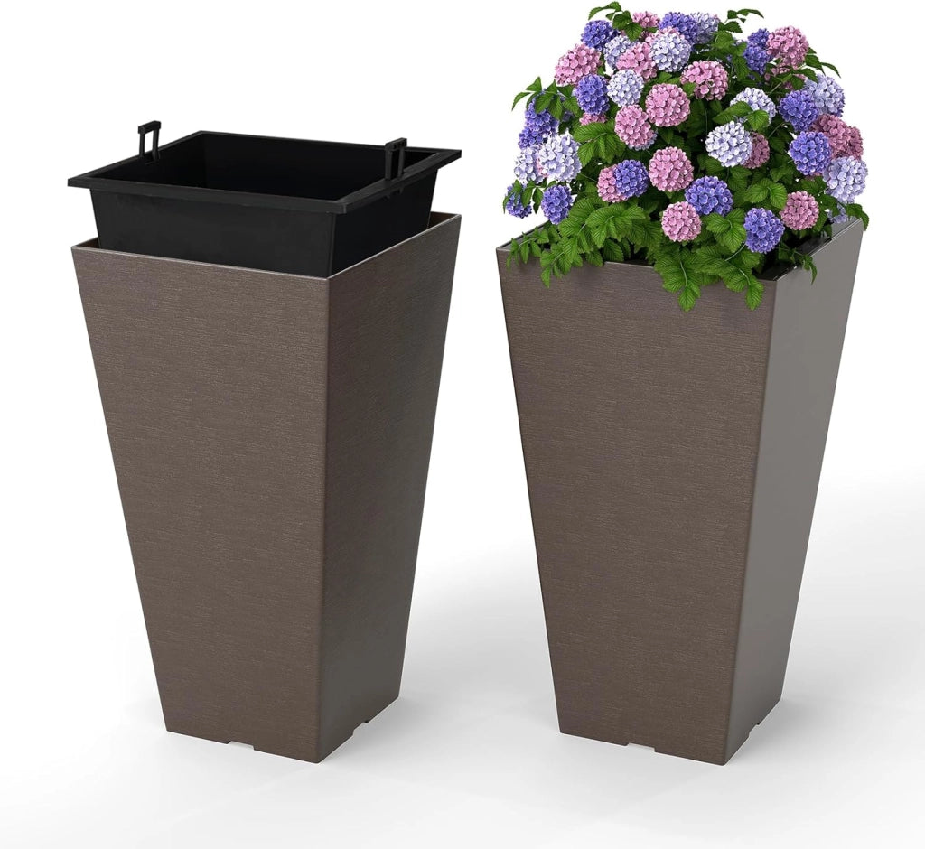 2 Vasi Alti Quadrati, Vasi da Fiori Auto-irriganti con Secchio Interno Rimovibile e Fori di Drenaggio, Contenitori Decorativi per Piante da Interno ed Esterno (29,5 x 29,5 x 57 cm)