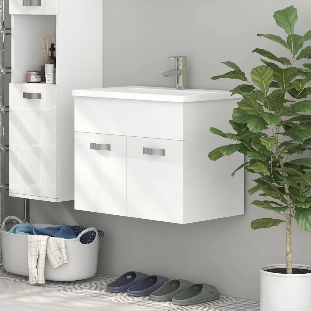Mobile Bagno Sospeso con Lavabo e Armadietto ¨C Zephmum ¨C Bianco Lucido 61x40x50cm