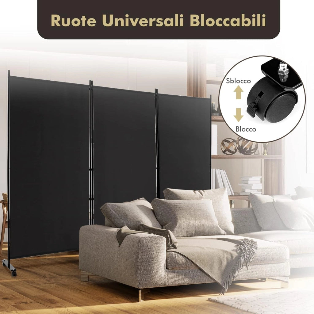 Paravento da Interno in Metallo, Separé Divisorio Interno Pieghevole con Piedini Stabili, Pannelli Divisori per Interni per Casa e Ufficio (Nero, 262 x 180 cm (3 Pannelli con ruote))