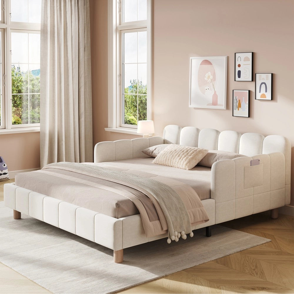 Letto imbottito per bambini 140x190 cm - Zephmum - Testiera e sponde imbottite, velluto, beige
