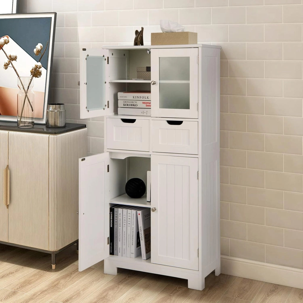 Mobile Bagno con 4 Ante + 2 Cassetti, Armadietto Multifunzione Salvaspazio 60x30x128cm, Design Modulare per Casa, Toilette e Cucina, 2 Colori Scelta & Facile Pulizia