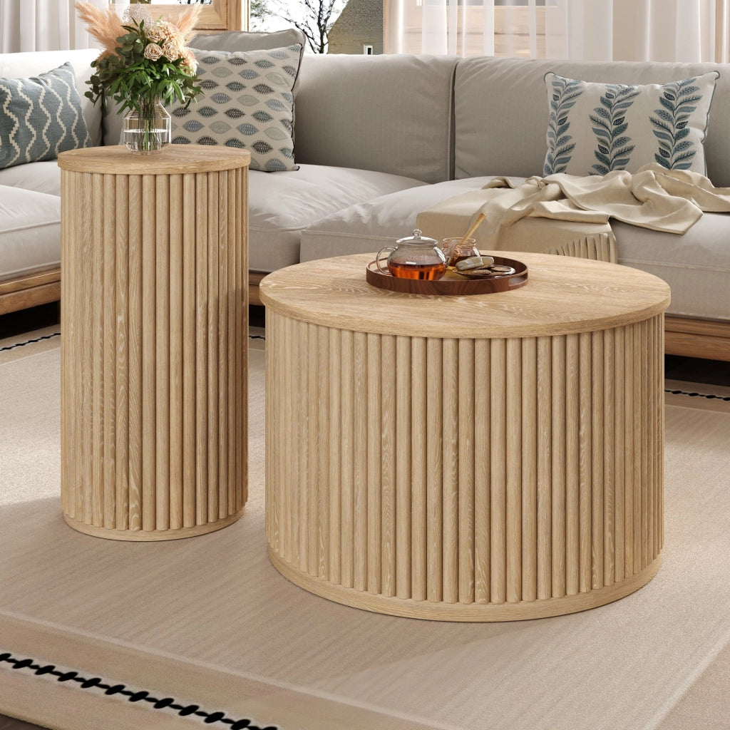 Set di 2 tavolini da caffè rotondi in MDF naturale